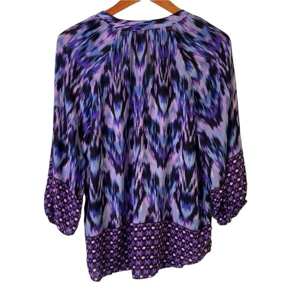 Beachlunchlounge Purple Ikat Boho V-Neck Popover Blouse Top Balloon 3/4 Sleeve - Picture 8 of 16